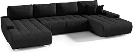 FEDVE Ecksofa mit Schlaffunktion Schwarz - Dhaka – Praktisches Schlafsofa mit Bettkasten – Gemütlich Rückenkissen Sofa mit Bettfunktion – Sofa U Form zum Salon für Viele Jahr