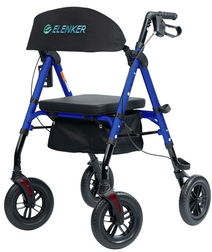 ELENKER All-Terrain Rollator Walker with 10” Non-Pneumatic Wheels, Sponge Padded Seat and Backrest, Fully Adjustment Frame for Seniors, Blue