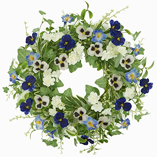 AMF0RESJ Artificial Spring Summer Wreath for Front Door with Pansy Flower,Lavender Morning Glory for Front Door Indoor Outdoor Farmhouse Home Wall Window Festival Wedding Decor,