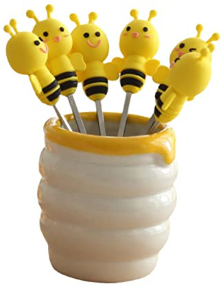 BESTOYARD Bee Fruit Forks Set 6 Stainless Steel Dessert Picks with Ceramic Holder for Party Appetizers Snacks and Daily Use 3.34In