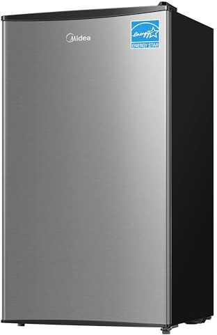 Midea MERM33S1AST Mini Fridge, 3.3 Cu.ft Compact Fridge with Internal Light, Adjustable Thermostat, Reversible Door, Low Noise for Dorm, Office, Bedroom, Stainless Steel