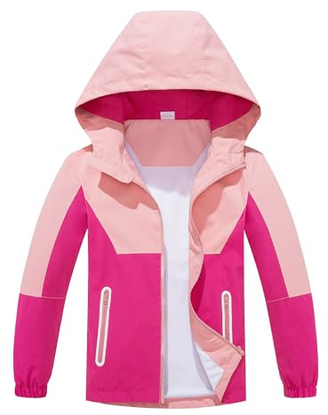 LAUSONS Chaqueta Impermeable Ligero para Niños y Niñas Cazadora Cortavientos con Capucha Chubasquero Unisex Niños Rosa 9-10 años/Tamaño 140