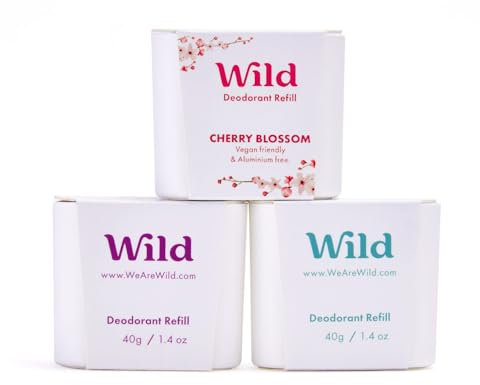 Wild - Déodorant Naturel Rechargeable - Sans Aluminium - Lot Varié de Recharge - Comprend Fresh Cotton & Sea Salt, Cherry Blossom et Coconut & Vanilla - Protection longue durée