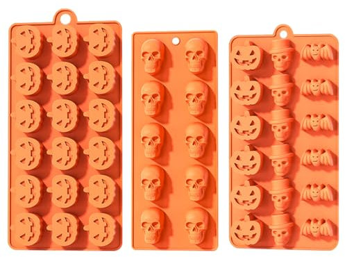 YXHZVON Moule à Chocolat d'Halloween, 3 Pièces Moule de Cuisson en Silicone d'Halloween (Total 40 Puits), Moule de Citrouille d'Halloween, Chauve-Souris et Crâne pour Chocolat, Bonbons, Gelée