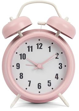 GIFTMARKET - Leiser analoger Wecker. Doppelglockenwecker rosa. Doppelglockenwecker mit Nachtlicht. Wecker ohne Tickgeräusch. Lauter Alarm 11,7 cm x 16 cm
