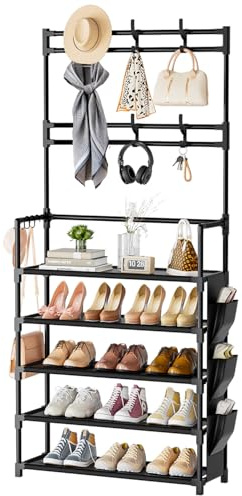 OYREL Shoe Rack 5 Tier Shoe Organizer Storage 15-20 Pairs Shoes Rack for Closet Entrance Shoe Rack Organizer with Hooks and Side Pocket Entryway Shoe Holder Space Saving Free Standing Shoe Racks