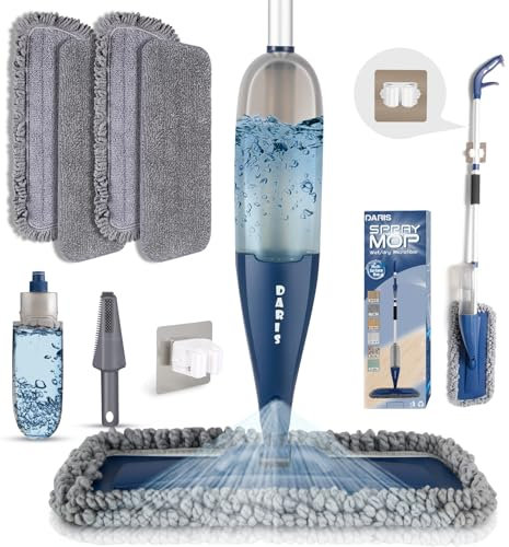 DARIS Trapeador de Microfibra para Limpieza de Suelos con 4 Almohadillas Lavables, mopas Planas húmedas y secas, Botella Recargable de 800 ml para casa, Cocina, Suelos de Madera, laminados, Azulejos
