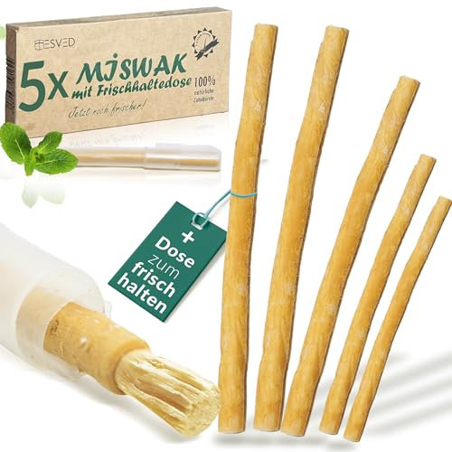 Miswak Zahnbürste [5 Stück] + Frischhalte-Dose - Optimal für Unterwegs - Premiumqualität Siwak Holzzahnbürste - Vegan - 100% natürliche Zahnbürste mit Mineralien für Gesunde Zähne und Mundpflege