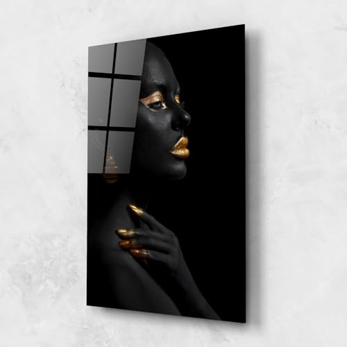 ARTHUB® Quadro in vetro 60x100 cm, 4mm temperato | Quadri moderni in vetro per soggiorno e camera da letto, decorazione da parete, arredamento d'interni, Donne, Lips Gold Eyelids
