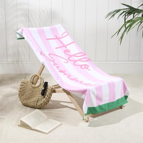 Dreamscene Beach Towel Striped Hello Summer, Soft Quick-Dry Lightweight Microfibre Large Beach Towel For Adult & Kids Swimming Towel For Holiday Essentials, Blush-71x152cm