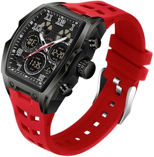 findtime Orologio da polso da uomo grande rettangolare orologio da uomo sportivo cronografo data impermeabile militare designer orologi per uomini cinturino in silicone bianco, Colore: rosso, cinghia