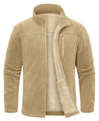 TOMEEK Fleecejackor för män hel dragkedja vinter varm utomhus herrjackor stående krage vardaglig jacka med fickor tjocka ytterkläder löpning vandring, Khaki, XL