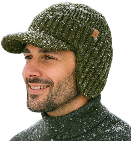 TOP-EX DryKnit™ XL/XXL wasserdichte 80% Merinowolle Schirmmütze Herren Großer Head, Winter Strickmützen Beanie Cap mit Visier, Warm Wintermütze mit Fleecefutter und Ohrenklappen für Ski Hiking, Grün