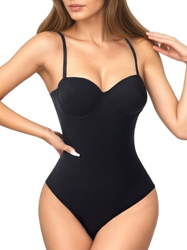 SKPNCV Women's Strapless Body Shaper Tummy Control Waist Push-Up Bodysuit with Cups and Detachable Straps Shapewear (Black (Brief), X-Large)
