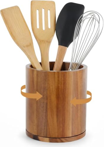 Dexpally Organizador de Utensilios Giratorio de 360 °,Soporte Utensilios Cocina de Bambú, Utensil Holder for Kitchen Counter para Encimera de Cocina.(18.5×15.5×15.5 cm)