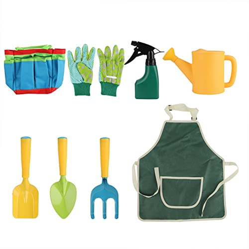 Smandy Set Attrezzi da Giardino per Bambini, Kit da Giardinaggio da 8 Pezzi con Teste in Metallo E Manici in PP, Borsa Tote con Spruzzatore Grembiule, Giochi da Esterno per Bambini per Giochi in