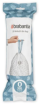 Brabantia IdealFit Bin Liners (Size O/30 Litre) Ideal Quality Thick Plastic Trash Bags with Tie Tape Drawstring Handles (20 Bags), White
