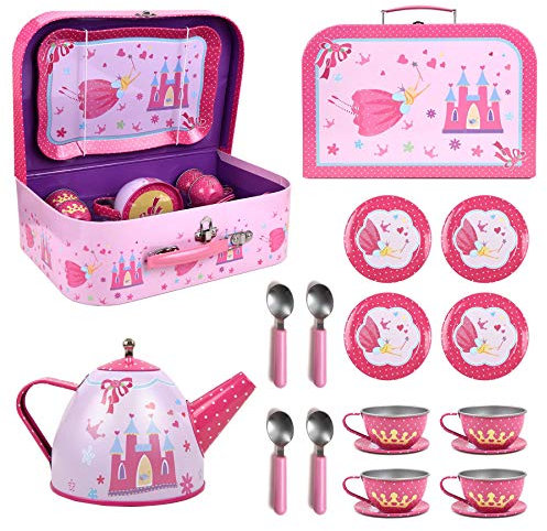 SOKA Fairy Tale Princess Metal Tin Teapot Set with Carry Case Toy for Kids - 18 Pcs Illustrated Colourful Design Toy Tea Party Set for Boys and Girls Pretend Role Play