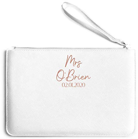 Purple Print House Womens Custom Mrs & Wedding Date Clutch Bag - Personalised Wedding Gifts For Bride - Birthday Present Personal, One Size, White