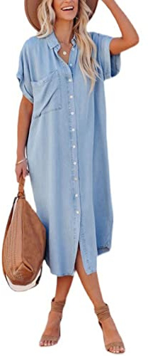 shownicer Robe Jean Été Femme De Plage Rétro Denim Robes Col V Casual Tuniques Ample Chemise Longue Chemisier en Jean Maxi Robe P Bleu Clair XXL