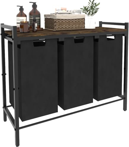 Waaliji 10 x 3 Gal Large Laundry Hamper with 3 Pull-Out & Removable Sorter Bags, Freestanding Clothes Basket Organizer for Clothing or Toys in Bathroom and Living Room, Rustic Brown and Black