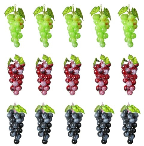 Molyorch 15 Pezzi Decorativi Realistici Uva Grappoli, Uva Finta Per Decorazioni, Frutta Finta, Frutti D'uva Artificiale, per Decorazione Vino, Puntelli Frutta Artificiali