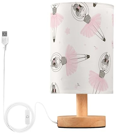 YYZZH Cute Ballerina Girl Table Lamp with Pink Flower Pattern, Wood Base, Fabric Shade for Bedside, Desk, Living Room, Kids Room, Office