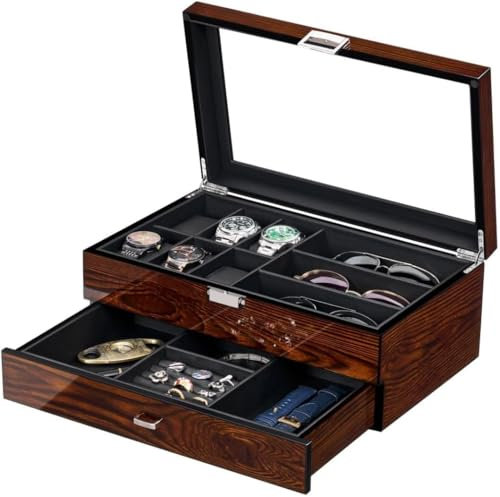 Uhrenbox Herren mit 6 Fächern 3 Slots Sonnenbrillen, Uhrenkasten Herren Holz mit Schublade, Uhrenkoffer für Männer und Frauen,Innenseite aus Glattem Kunstleder, Braun ESSH32Y