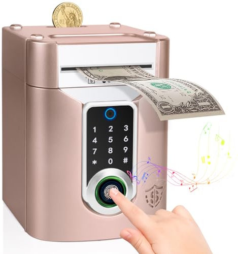 Highttoy Hucha Caja Fuerte con Pantalla Táctil y Huella Dactilar, Hucha Cajero Automatico Caja Fuerte Niños, Divertidos Juguete de Regalo para Niños Niñas 3-12 Años, Oro Rosa