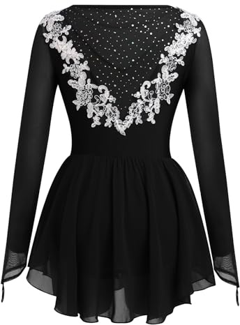 AFAVOM Women Girls Figure Ice Skating Dress Adult Kids Long Sleeve Mesh Sequin Flower Ballet Dance Leotard Shiny Rhinestones Sparkle Lyrical Costume for Competition Performance Dancewear Black L