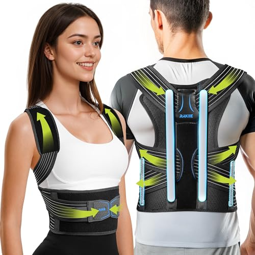 Rakiie Corrector de postura para mujeres y hombres, soporte lumbar mejorado con soporte reforzado, estirador de hombros con hombreras acolchadas, color negro, talla XL