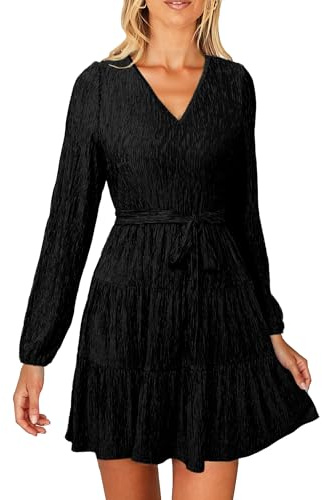 Simplee Womens Velvet Long Sleeve V Neck Fall Dress Tiered Flowy Mini Cocktail Dress Winter Casual Short Dresses 2025 (Black M)