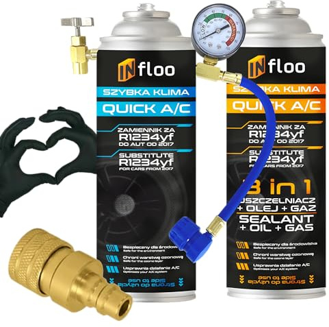 INfloo Quick A/C R1234yf Gas + Sellador 3 en 1 + Manguera con Manómetro + Adaptador R1234yf + Guantes | Kit de Recarga y Sellado de Aire Acondicionado