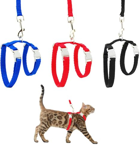 Cat Harness and Lead Set, 3 Pack Kitten Harness, Adjustable Cat Harness, Escape Proof Kitten Harness and Lead Set, Cat Leash for Outdoor Walking, Travel, and Vet Visits, Red, Blue, Black