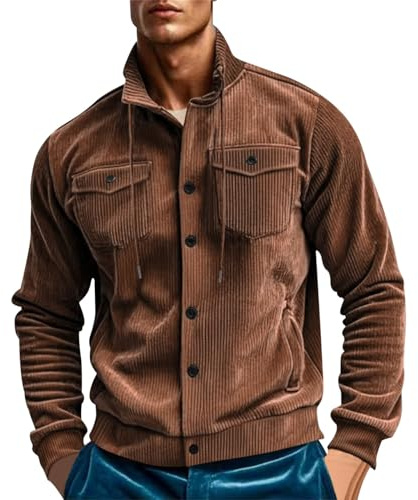 Generisch Veste vintage en velours côtelé pour homme - Manteau boutonné - Poches - Chemise en velours côtelé - Manches longues - Poches d'hiver - Col rabattu - Veste de travail cargo - Veste de