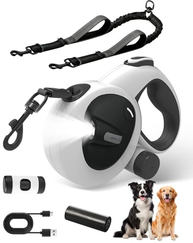Laisses Rétractables pour Chiens de Taille Moyenne et Grande Jusqu'à 50kg – Mode Simple 5m & Double 5m+65cm, LED 155mAh, Bouton de Frein au Sommet, Matériau ABS+PC Robuste, Boucle de Sécurité & Porte