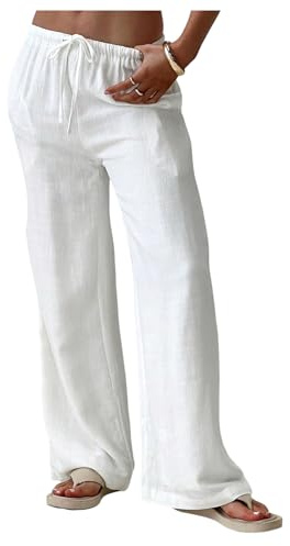 Verdusa Women's Straight Leg Casual Linen Palazzo Pants Spring Outfits Long Trousers with Pockets White Medium