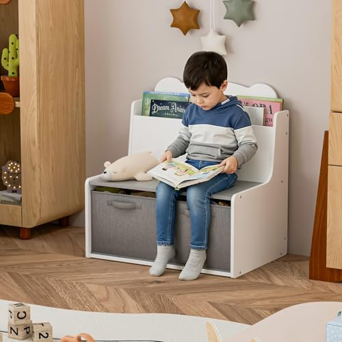 IHUESHO Heavy-Duty Kids Storage Bench with 2 Extra-Large Cubbies (11.2x10.8), Reinforced Wooden Toy Chest & Kids Chest, Multi-Functional Playroom Furniture for Toys Storage, Shoes, Books & Clothes