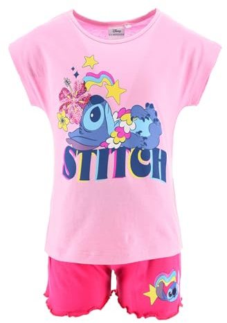 Disney Stitch Completo Estivo Bambina T-Shirt e Pantaloncino o Gonna Tutina Cotone 100% Set Abbigliamento Bambina Estate 3 4 6 8 Anni [10067 Rosa Set 2 pz - 3 anni]