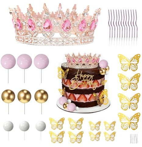 Corona per torta, decorazione per torta di compleanno, decorazione per torta di compleanno, con palline di compleanno, farfalle dorate, decorazione per torta di compleanno, matrimonio, festa di