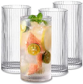 INSETLAN Juego de 4 vasos de cristal de cristal vintage grandes, estilo origami, transparentes, para bar, bebidas, café, jugo, ondulado, 370 ml (L)