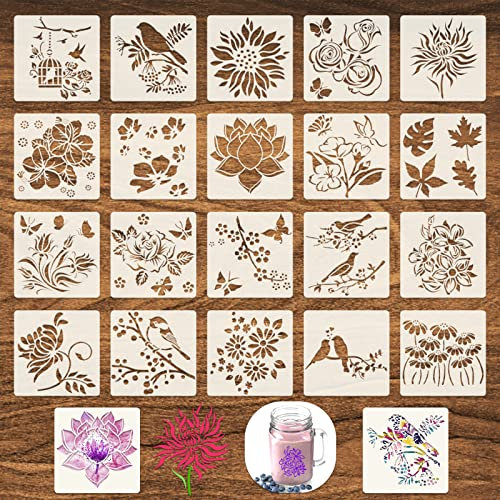 20 Blätter Blumen Schablonen zum Malen, 15 x 15 cm Wiederverwendbare Kunststoff Malschablonen Blumen Vögel Bäume Pflanzen Malerei Vorlagen Zeichenschablonen für Scrapbooking DIY Sammelalben Malen