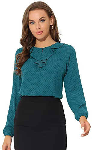 Allegra K Women's Vintage Ruffle Neck Chiffon Top Long Sleeve Casual Office Blouse, Peacock Blue-dots, L