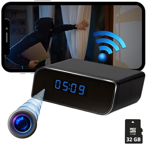 Camara Espia WiFi Camuflada, Mini Camara Espia Oculta Reloj, Camara Vigilancia Domicilio (sin Luz de Grabación sin Botones) Totalmente Indetectable 1080P Real, Visión Nocturna(Incluye Micro SD 32GB)