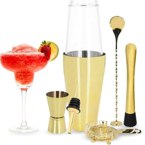 Whiskey Rocks 7-er Barkeeper Set - Cocktail Set mit Boston Shaker, Messbecher 15/30ml, Strainer, Muddler, Barkeeper Löffel - Bartender Set, Bar Zubehör: Golden