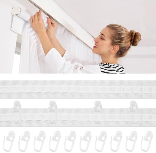 Ruban Plissé pour Rideaux 30m x 2,5cm avec 50 Crochets - Fronceur Détachable Blanc pour Fenêtre et Porte