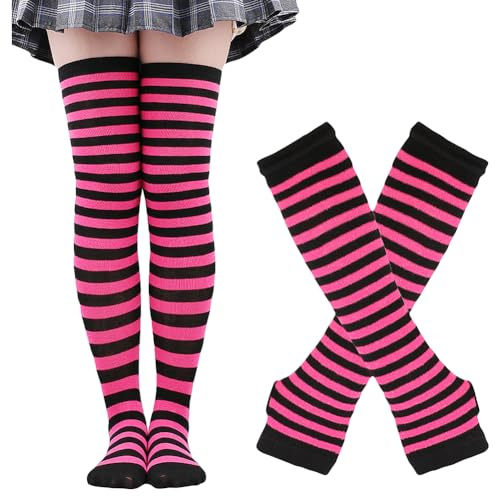 JIHUOO Women's Striped Knee High Socks and Gloves Knitted Long Socks Arm Warmers Stretch Over Knee Stockings Fingerless Mitten Gloves Hot Pink Black