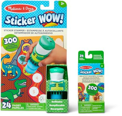 Melissa & Doug Sticker Wow Pacchetto Dinosauri: Blocco attività di 24 Pagine, Timbratore di Adesivi, 500 Adesivi, Personaggio da Collezione e Giocattolo Fidget per Lavoretti Artistici