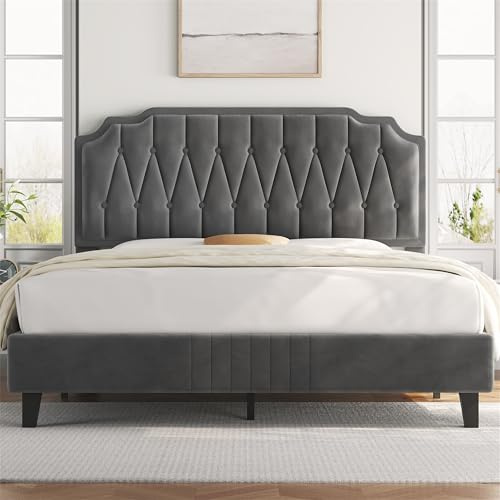 Yaheetech Cama Doble Marco de Cama Tapizado Cabecero Regulable en Altura Gris Oscuro/140 x 200 cm