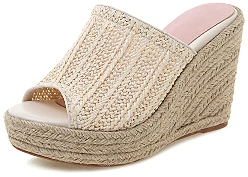 Gicoiz Peep Toe Estate Pantofole Espadrillas da Donna Plateau Sandali Casuale Comodo Senza Chiusura Esteriore Tacco Alto Zeppa Pantofole Beige Numero 33 EU